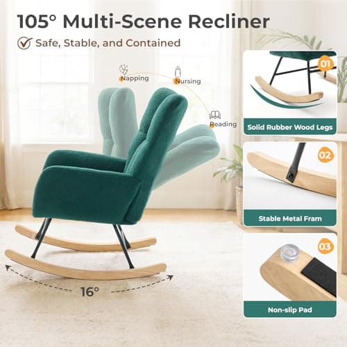 DUMOS Nursery Rocking Chair Teddy Upholstered, Comfy Glider Rocker with High Backrest Armchair Padded Seat, Accent Side Chair for Living Room Bedroom Offices Small Spaces Indoor, Green