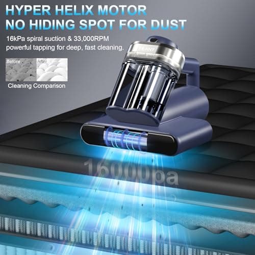 Mattress Vacuum Bed Vacuum Cleaner with 253.7nm UV-C Light, Hyper Helix Motor with 16kPa Strong Suction & 33000 RPM/Min Tapping, HEPA Filter, 149℉ Heat & Ultrasonic & Anion for Bed and Pet