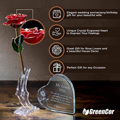 Anniversary for Wife Engraved Wooden Gift Set 'To My Beautiful Wife' Includes Crystal Engraved Heart 24K Gold Dipped Rose for Birthday Gifts