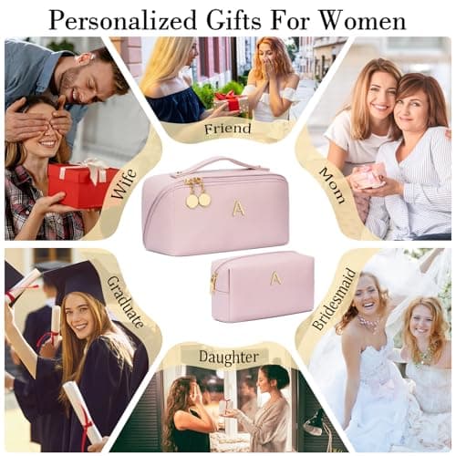 Waterproof PU Leather, Open Flat Design Cosmetic Bag, Multiple Compartments Travel Toiletry Bag (Pink, A) Initial Makeup Bag Personalized Gift for Women Teen Girls B0F26C313Y