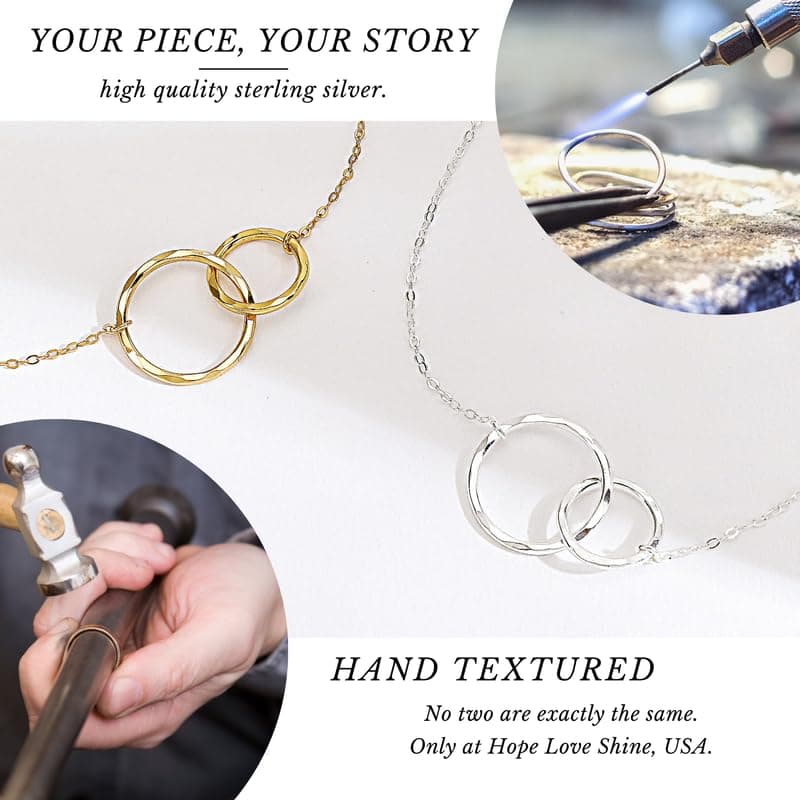 HOPE LOVE SHINE Unbiological Sister Gift - Sister Necklace, Jewelry 16+2", Sterling Silver, 2 Interlocking Rings