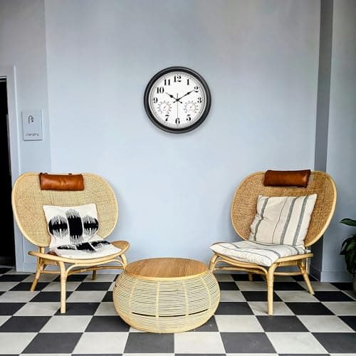 45MinST 13-Inch Vintage Outdoor Wall Clock with Thermometer and Hygrometer, Waterproof, Large Numbers, Silent, for Indoor and Outside Use,Porch,Garden,Pool(Black Frame with Silver Trim)