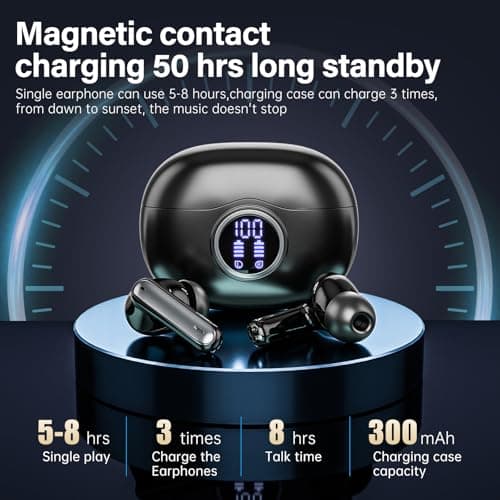 Fhumsh A10 Pro Wireless Earbuds, Bluetooth 5.3 Headphones HiFi Stereo 50H Playback LED Digital Display Ear Buds with ENC Noise Canceling Headset, IPX7 Waterproof Earphones for Gym/Running/Work, Black