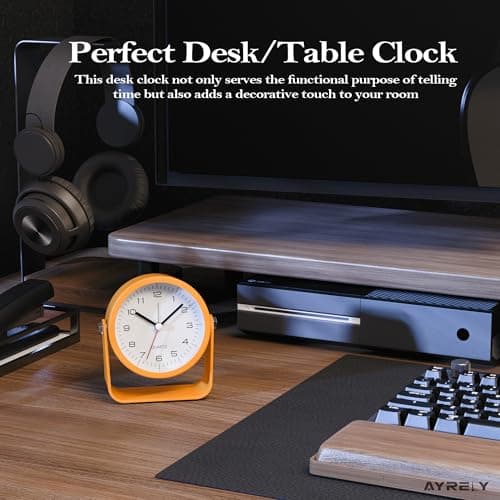 AYRELY® 3.5 Inch Small Analog Alarm Clocks,Battery Operated Desk Clock,Cute Table Clock with Light，Adjustable Angle for Travel,Bedside,Bedroom,Kids,Living Room Decor(Orange)