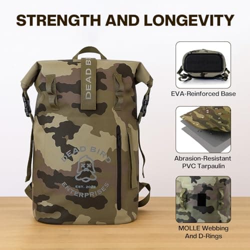 Dead Bird Enterprises Roll Top Waterproof Backpack, 25L Camouflage Pattern Dry Bag with MOLLE Loops and Adjustable Straps, WaterTight Duck Hunting Backpack for Camping, Hiking and Outdoor Travel