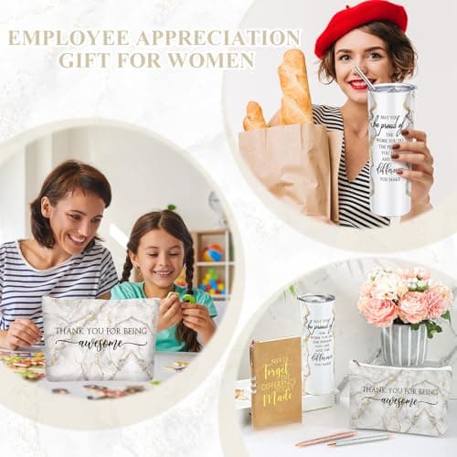 Female Thank You Work Anniversary May You Be Proud 20oz Tumbler Makeup Bag Journal Gift for Boss Teacher Custodian Customer Domensi 6 Pcs Employee Appreciation Gift Set for Women, White B0CHYMKWLB