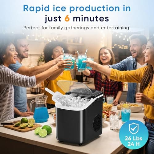 NEWBULIG Ice Maker, Countertop Ice Machine with Handle, 9 Bullet Cubes in 6~8 Mins, 26lbs Daily, Self-Cleaning with Basket and Scoop for Home/Kitchen/Camping/RV