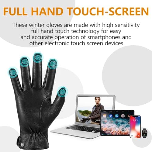 QOF Winter Genuine Leather Gloves for Men, Cashmere Warm Lined Finger Touchscreen Texting Driving Gloves