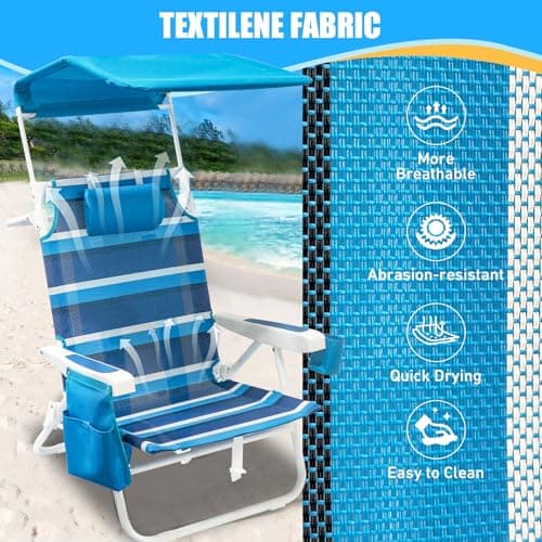 2 Pack Beach Chair with Canopy Shade, 5 Positions Lay Flat Textilene Reclining Beach Chair with Backpack Straps, Cooler Bag & Cup Holder for Outdoor Lawn Camping