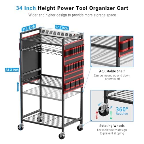 Floor Standing, Large Garage Rolling Storage Cart on Wheels, Heavy Duty Drill Battery Storage Rack, with 8 Outlet Power Strip JUNNUJ Power Tool Organizer Cart with Charging Station, 6 FT Cord, Red B0D1QVKWGH