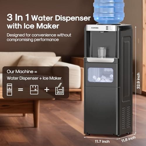 ICEPURE 3-in-1 Water Dispenser with Built-in Ice Maker, Water Cooler Dispenser for 5 Gallon Bottle Top Loading, Hot and Cold Water Dispenser with Child Lock for Home and Office, 33lbs/24H