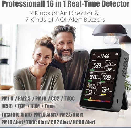 Professional Indoor Air Quality Monitor with AQI Alerts, Portable Real-Time Detector for Home, Car, Plants & Pet (Black)