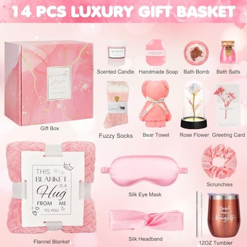 with Luxury Flannel Blanket, Light-up Rose Flower - Unique Self Care Gift Basket for Mom, Wife, Friends Birthday and Get Well Gifts for Women - Relaxing Spa Care Package B0DCN225F9
