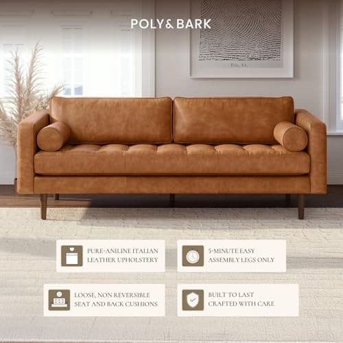 POLY & BARK Napa 88.5" Leather Sofa – Full-Grain Italian-Tanned Aniline Leather, Feather-Down Comfort, Solid Wood Frame, Walnut Legs, Cognac Tan