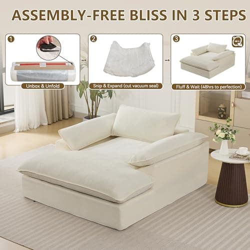 WUTUTUEE 69" Oversized Chaise Lounge Chair Indoor, No Assembly Beige Lounge Couch, Chenille Upholstered Sofa Bed with Pockets, Oversized Reading Chair with Ottoman for Living Room, Bedroom, Office