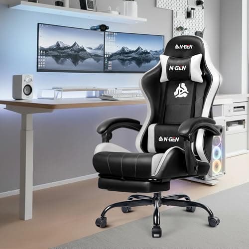 N-GEN GAMING Video Gaming Chair with Footrest Lumbar Support for Home Office High Back Recliner Height Adjustable Ergonomic Comfy Leather Computer Desk Chair (White)