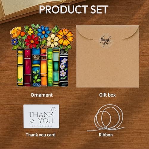 Book Lovers Gifts for Women, Book Ornament Faux Stained Glass Window Hanging, Bookish Gifts for Teacher, Librarian, Reader, Bookworm, Christmas Stocking Stuffer Tree Decorations (Floral Shelf)