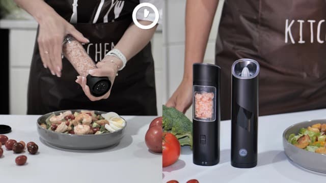 Gravity Electric Salt and Pepper Grinder Set, Adjustable Coarseness, Warm LED Light, One-handed Automatic Operation, Battery Powered, Black, Electric Pepper Mills