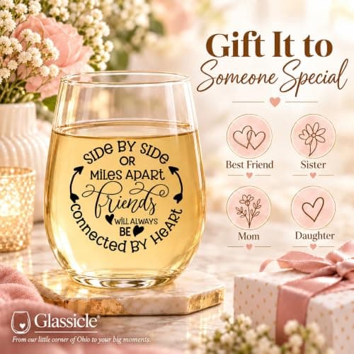 Side By Side Or Miles Apart Best Friend Wine Glass - 15 Oz, Scratch-Resistant Wine Glass - Birthday Gifts for Her, Stocking Stuffer, or Long Distance Friendship Gifts for Women - Printed in the USA