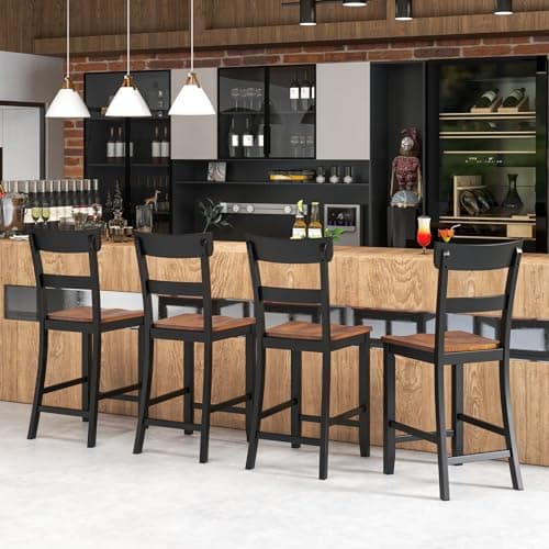 COSTWAY Counter Height Bar Stools Set of 4, 24'' Mid Century Modern Island Chairs with Rubber Wood Legs and High Backrest, Wooden Barstools for Home Kitchen, Dining Room, Bar, Restaurant (Black)