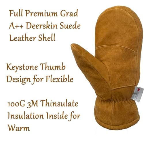 SKYDEER Premium Full Deerskin Suede Leather Soft Winter Mittens, Extra Warm 100G 3M Thinsulate, Thermal Insulated (SD3671M)