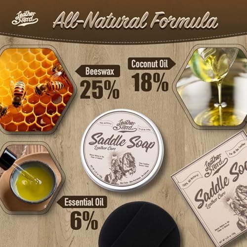 Saddle Soap for Leather, Leather Nerd Leather Cleaner Conditioner for Boots, 4.23 Oz with Sponge, All-Natural Protect Soften and Restore Shoes, Jackets, Purses, Gloves, Vinyl, and Leather Products