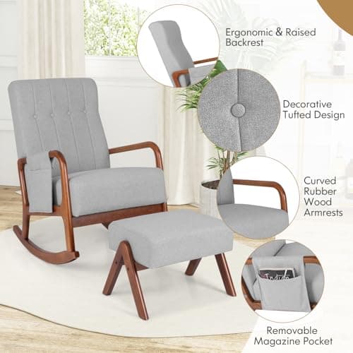 Giantex Rocking Chair with Ottoman, Upholstered Rocker Chair w/Solid Rubber Wood Frame, Side Pocket, Linen Nursery Chair w/Footrest, Tufted Glider Chair for Living Room, Bedroom, Grey