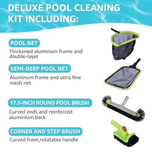 Sepetrel Deluxe Swimming Pool Cleaning Kit Including Professional Leaf Skimmer Net,Half-Depth Fine Mesh Net,17.5" Pool Brush Head & Hand Scrub Brush(NO Pole)