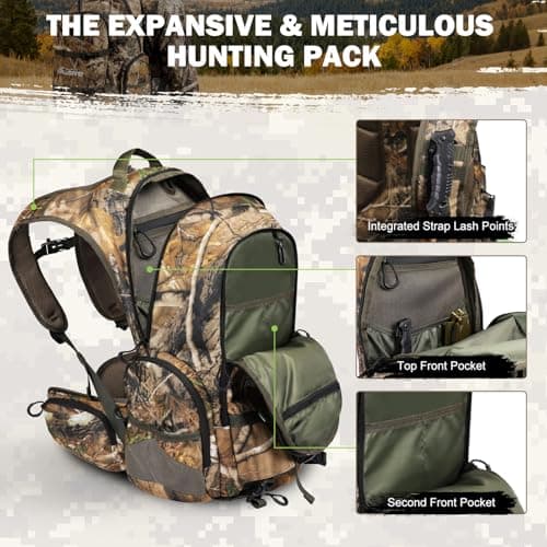 PLUSINNO Hunting Backpack for Hunting Essentials, 45L Waterproof Hunting Gear with Rain Cover, & Padded Scabbard Carry System For Deer Hunt Accessories, Hunt Gift For Men