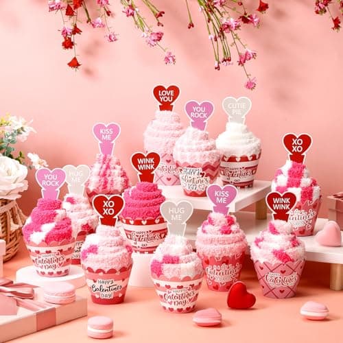 Ramede 12 Set Valentine's Day Cupcake Socks for Women Pink Fuzzy Fluffy Socks Galentine's Day Present for DIY Valentines Birthday Friendship Gift