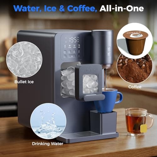 3-in-1 Water Dispenser with Ice Maker - Coffee Maker Countertop Bullet Ice Maker with 12H Timer, Hot/Cold/Warm Adjustable Volume Water, K-Cup® Ground Coffee Brewer for Home Office Studio Gift