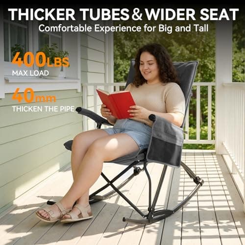 Huskfirm Oversized Rocking Camping Chair Folding Rocking Chair with High Back Padded Outdoor Rocking Chair Heavy Duty Portable Rocker Chair for Camping, Lawn and Patio, Supports Up to 400 lbs, Grey