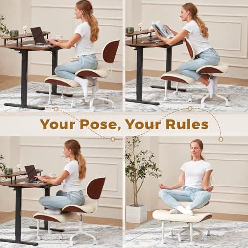 EROMMY ADHD Chair with Wheels Retractable footrest, Wide and Thickened Criss Cross Chair, Ergonomic Cross Legged Kneeling Desk Chairs for Meditation Yoga, Beige & Brown