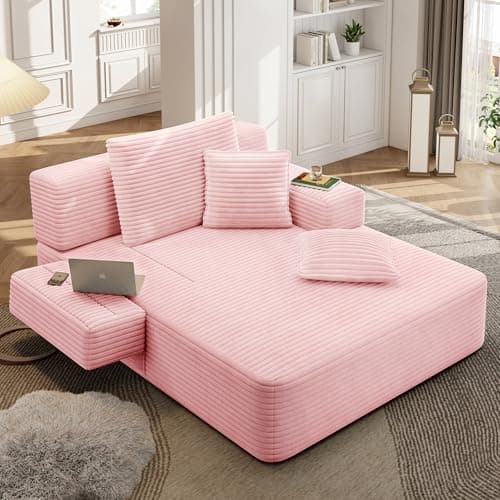 2 in 1 Corduroy Chaise Lounge Chair Indoor, 60'' Oversized Boneless Sofa Chaise Lounge with Pocket, Plush Cozy Deep Seat Couch Chair for Living Room, Bedroom, Small Spaces, RV (Pink)