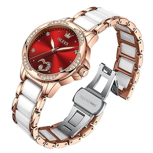 OLEVS Automatic Watch for Women Luxury Diamond Rose Gold Ladies Self Winding Mechanical Ceramic Wrist Watch Love Heart Date