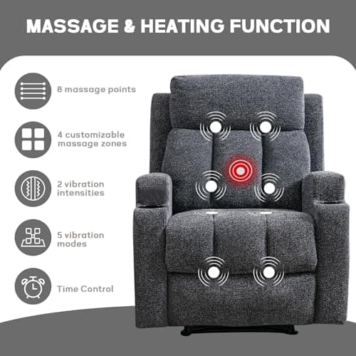 CANMOV Manual Recliner Chair with Massage and Heat, Soft Fabric Recliner Chair with Overstuffed Arm and Back, Manual Reclining Single Sofa with 2 Cup Holders, Side Pocket for Living Room, Dark Grey