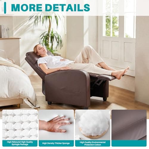 Sweetcrispy Recliner Chair PU Leather Recliner Sofa No Massage, Home Theater Seating with Lumbar Support, Adjustable Push Back Overstuffed High-Density Sponge Reclining for Living Room, Brown