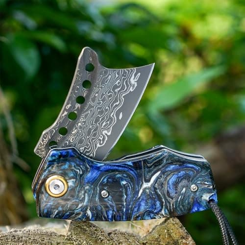 VNLA Handmade VG10 Damascus Steel Folding Pocket Knife - 2.2-Inch Blade, Liner Lock, One-of-a-Kind Random Resin Handle, Cowhide Sheath - Premium Men's EDC Gift for Outdoor Enthusiasts