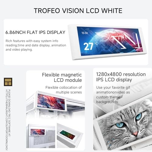 Thermalright Trofeo Vision LCD White Edition Case Sub-Display Features a 6.86-inch Full-Color LCD Screen (1280x480 Resolution) with Magnetic Panel Design. Supports DIY Dynamic/Static Images (White).