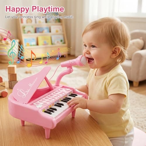 Kids Piano with 22 songs, 8 Percussion Sounds, LED lights, 4 Instrument Modes and Connect to MP3, Phone & Tablet Love&Mini Piano Toys for Girls, 24-Key with Mic, Record & Playback, Ages 3+ B08RB4H9ZN