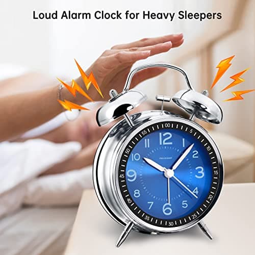 Peakeep Loud Alarm Clock for Heavy Sleepers Adults, Metal 4.5 Inches Twin Bell Battery Operated Analog Alarm Clocks for Bedrooms Decoration (Jewel Blue)