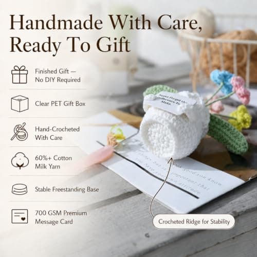 Cute Gifts for Women, Boss Day, Teacher Appreciation, Coworker & Nurse Thank You Gift, Desk Decor, 4.7 In H × 2.4 In W Forget-Me-Not Crochet Flower Potted Plant Gift B0F26ST99P