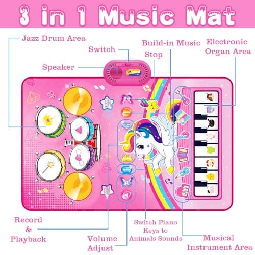 Piano Drum Animal Touch Unicorn Toy - Infant Musical Toy 12-18 Months Babies Birthday Easter Gifts for 1 2 3 Year Old Girls Toys for 1 Year Old Girl Gifts: 3 in 1 Baby Music Mat Toddler Toys Age 1-2 B0DBXXVQP3
