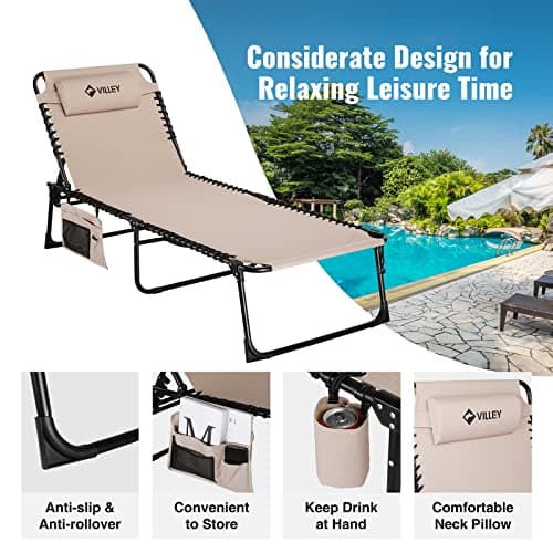 VILLEY Oversized Chaise Lounge Chair, Heavy-Duty Folding Outdoor Lounge Chair with 5 Adjustable Positions, Portable Trifold Beach Lounger for Patio, Beach, Lawn, Backyard, Camping – Beige