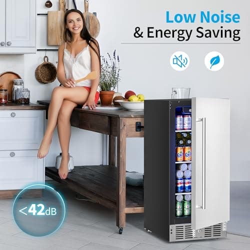 Feelfunn 15 Inch Undercounter Beverage Refrigerator - 126 Cans Beverage Fridge with Stainless Steel Door for Beer Wine Soda - Built-in or Freestanding Wine Cooler for Home Kitchen Bar