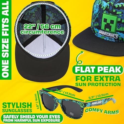 Spongebob | Minecraft | Fortnite | Super Mario | Kids Baseball Cap & Sunglasses with UV Protection, Gifts for Boys