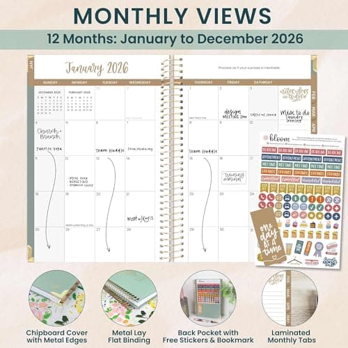 bloom daily planners HARDCOVER 2026 Planner (January to December) - A5 Task Goal Planner for Women - Monthly & Weekly Inspirational Agenda Book - 5.5" x 8.25" - Linen, Green