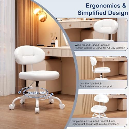 Misolant Vanity Chair with Back, Small Armless Cute office Chair with wheels and Lumbar support, Comfy PU Leather Desk Computer Chairs with Adjustable Height, 360°Swivel for Home Bedroom Office, White