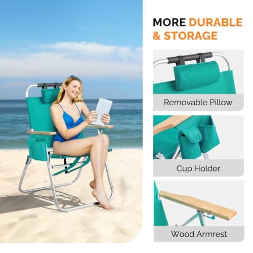 VINGLI 17" Tall Beach Chair, Aluminum Backpack Beach Chairs for Adults, Portable with Adjustable Straps, 3-Position Reclining, Cup Holder, High Lightweight Beach Chairs for Beach,Green
