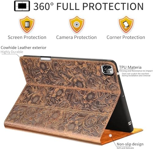 Gexmil Genuine Leather Case for iPad Pro 11 Inch (M5/M4) 2025/2024 with Pencil Holder,Protective Shockproof Leather Smart Folio Cover Adjustable Stand Auto Sleep/Wake Anti-Slip, Flower Brown
